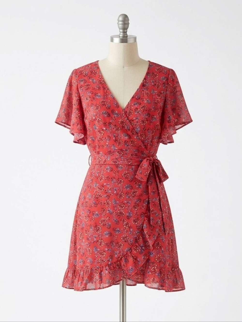 Jack by BB Dakota Red Floral Ruffle Faux Wrap Mini Dress Boho Romantic Size 4